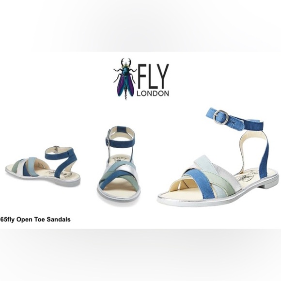 FLY LONDON Sz 40 Cune 65Fly Leather Multi Ankle Strap Sandals Blue Jade Silver - Picture 3 of 15